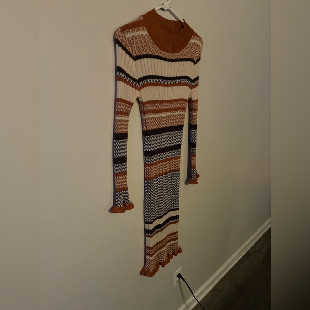 Striped Knit Sweater Midi Dress | Rust, Cream & Black | Cozy Fall Knit Dress